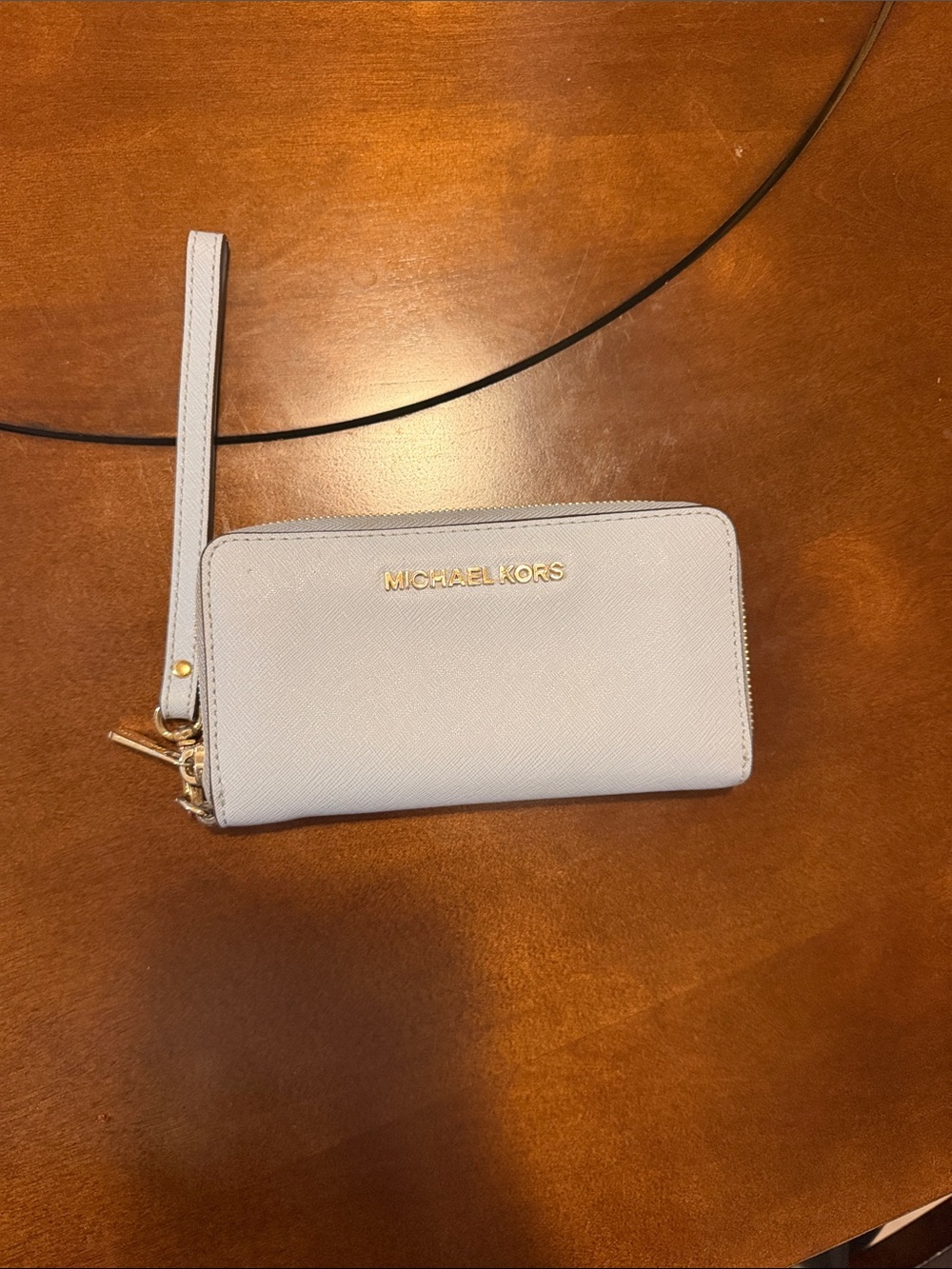 Michael Kors Light Gray Saffiano Wristlet Wallet with Gold Logo